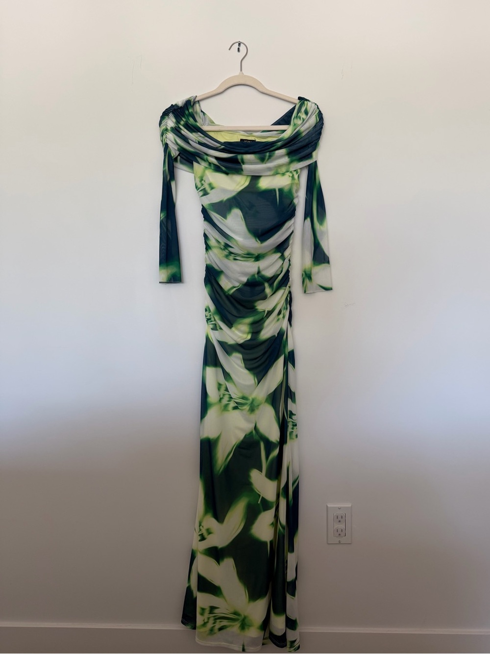AFRM blue Green & White Floral Off-Shoulder mesh Maxi Dress small